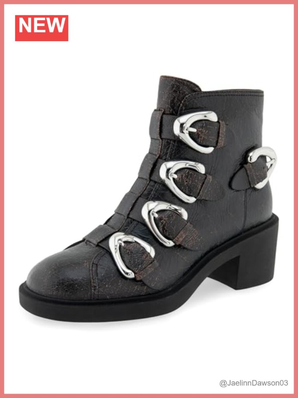 Biker Bootie Ankle Boots with Buckle Detail Leather Round Toe Block Heel Zip